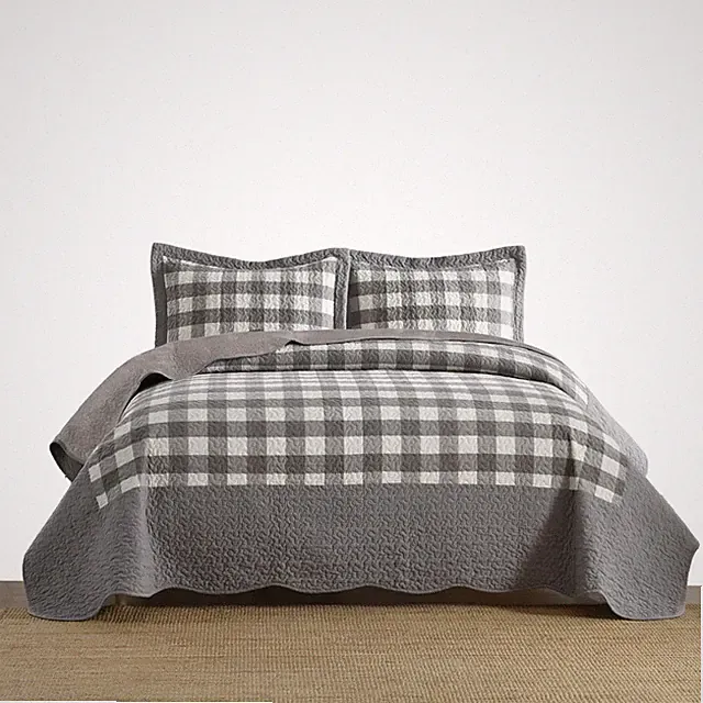 3 Pcs Quilted Bedspread Set In Grey And White Checkered Pattern