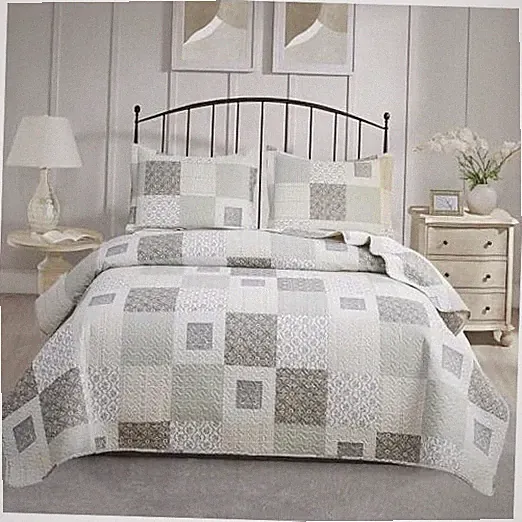 3-Piece Plaid Quilt Set Queen/Full Size, Full/Queen Gray White Floral