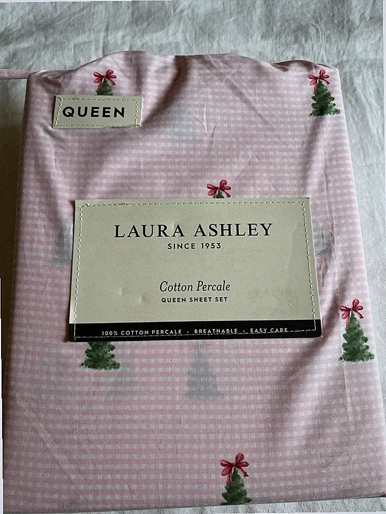 4 Pc Laura Ashley Queen Pink White Check Trees & Pink Bows Cotton Sheet Set NEW