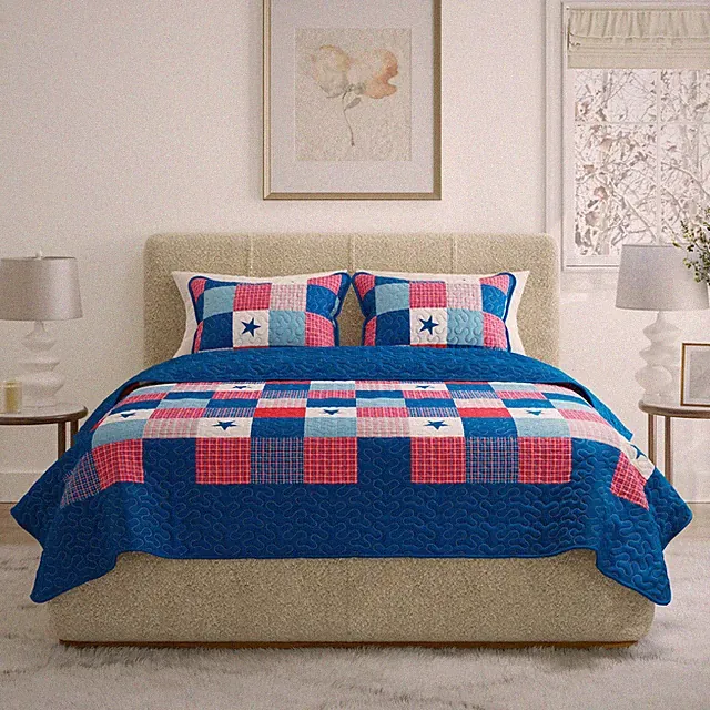 All American Quilted Blanket Red White Blue Bedspread Twin Queen King