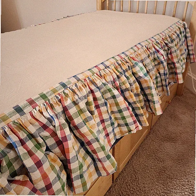 Bed Skirt Twin Plaid Pastels Blue Yellow Cotton Checked Country Cottage