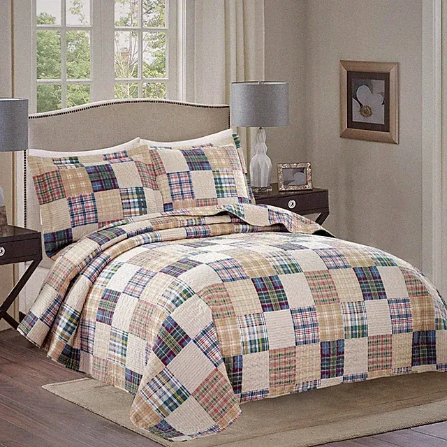 Beige Plaid Quilt Set Full Queen 3 Piece Patchwork Reversible Bedding Set