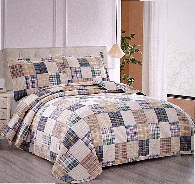 Beige Plaid Quilt Set Full/Queen Country Patchwork Bedding Quilt Lightweight Rev