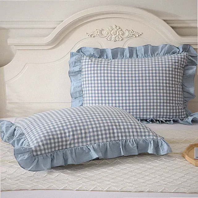 Blue Plaid Ruffle Pillow Shams Standard Size Set of 2,Shabby Checkered Washed...