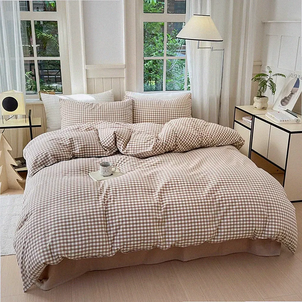 Brown Gingham Comforter Set Full Size Tan Plaid Checkered Comforter 3 Pieces...