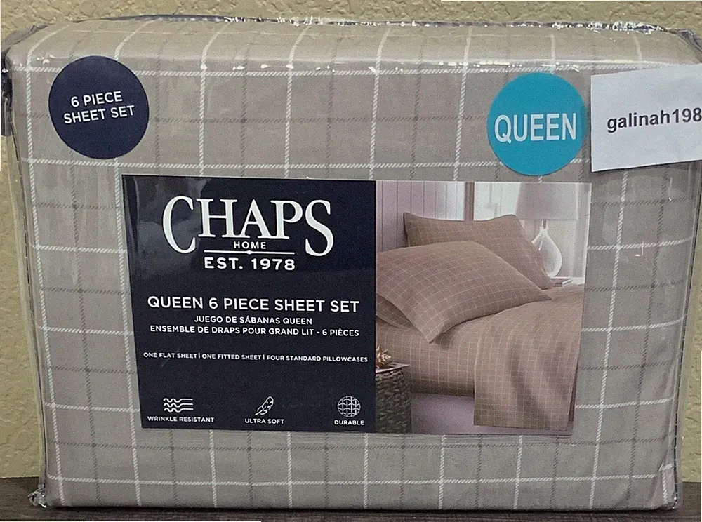 CHAPS by Ralph Lauren 6p Queen Sheet Set w/4 Pillowcases Taupe Checkered Checked