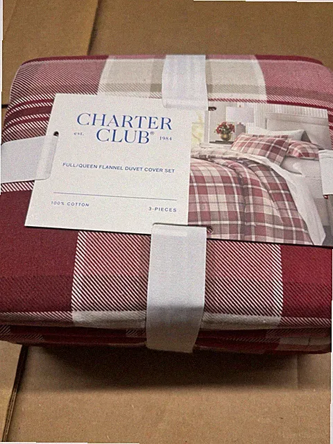Charter Club Red Check Flannel Full/Queen Duvet Cover Set Red