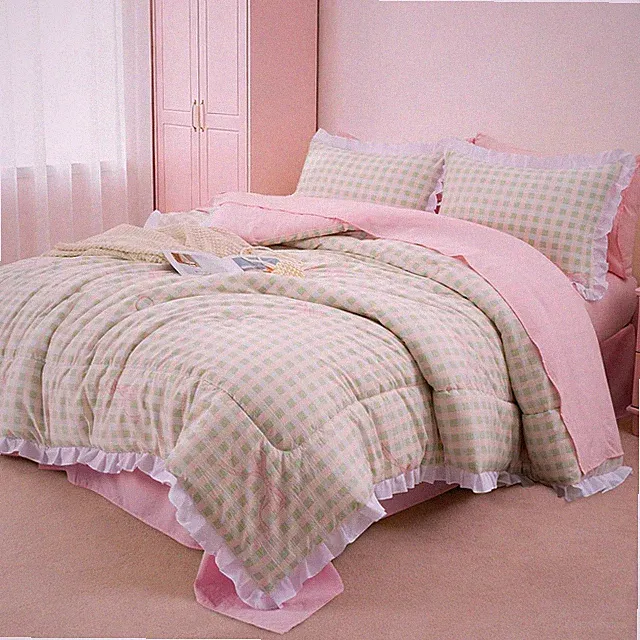 Chic 5-Pc Ruffle Comforter Set for Queen Bed - Pink Green Plaid Bedding