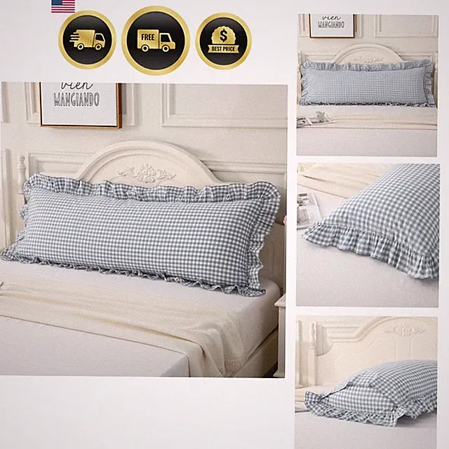 Cozy 20x54" Light Blue Plaid Ruffled Pillow Sham for Rustic Bedroom Decor