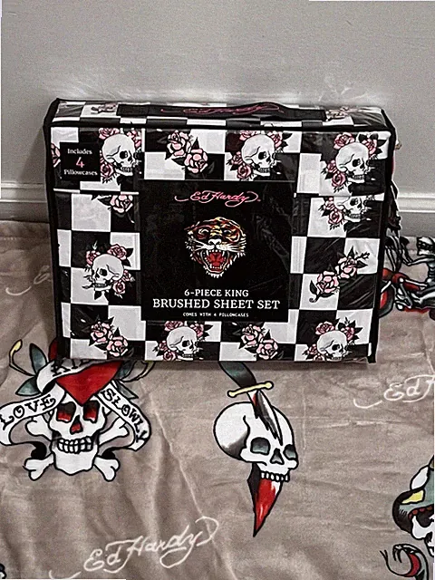 Ed Hardy King 6pc Black/white Checkered Skull Pink Roses Sheet Set NWT