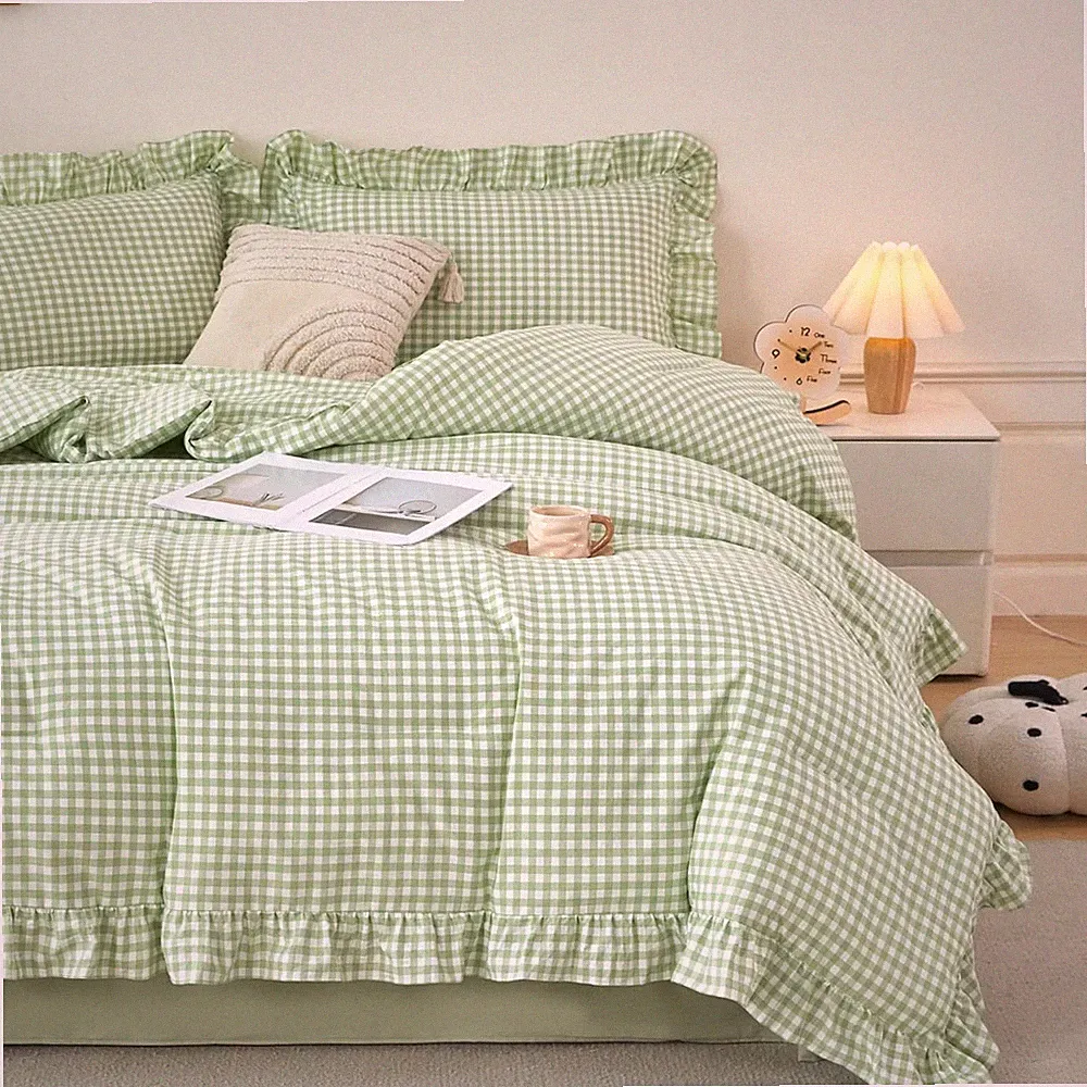 Gingham Bed in a Bag King 5 Pcs Green Farmhouse Checkered Pattern Bedding Sets B