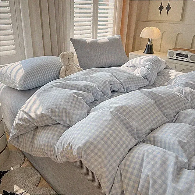 Gingham Duvet Cover Queen Size Blue White Plaid Checkered Comforter Cover 3 P...