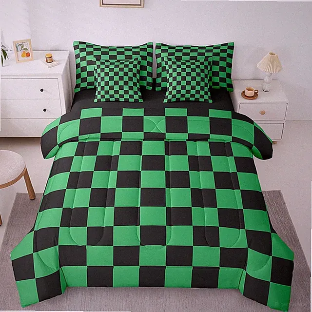 Green Black Plaid 7 Piece Queen Bedding Set - Retro Checkerboard Decor