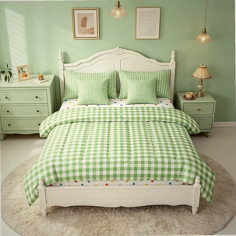 Green Gingham 7-Piece Comforter Set Full Size - Modern Checkered Bedding Set