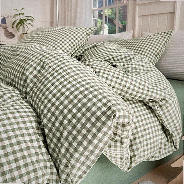 Green Gingham Comforter Set King Modern Style Plaid Comforter Set 3 Pieces Bo...