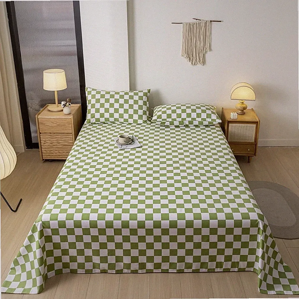 Green Grid Bed Sheet Set Green White Checkered 4 PCs Bedding Sheet Set 1 Fitt...