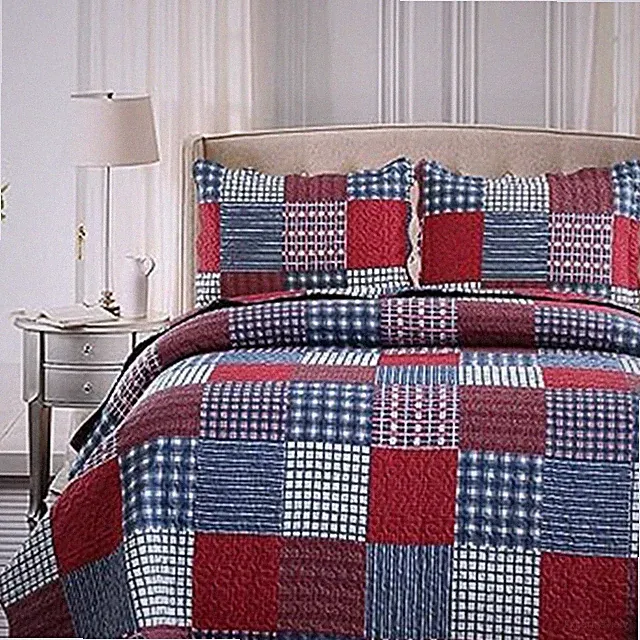 Hailea Red Blue Plaid Quilt Set Full/Queen Size Country Patchwork Bedding Lig...