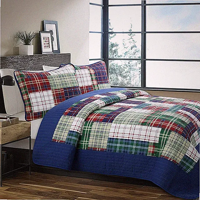 Hepler Plaid Patch Reversible 100%Cotton Quilt Set, Bedspread, Coverlet