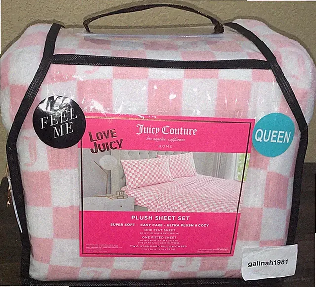 Juicy Couture 4pc QUEEN Plush Sheet Set Pink/White Checked J Monograms Soft&Cozy