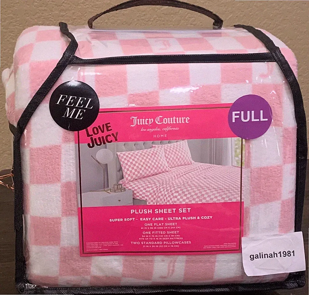 Juicy Couture FULL 4pc Plush Sheet Set Pink/White Checked J Monograms Soft &Cozy