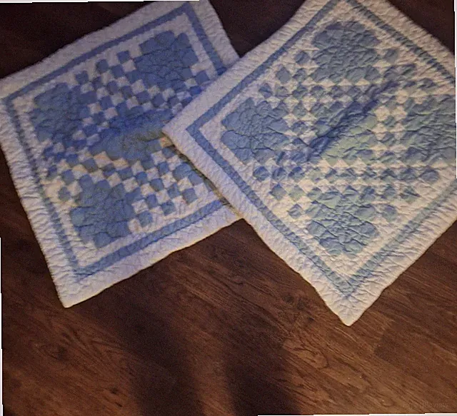 Lands End Blue And White Checked Quilted Square Pillow Shams 27x27