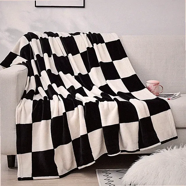 Large Flannel Fleece Plush Blanket Throw Size50"x70" - Black and White Checke...