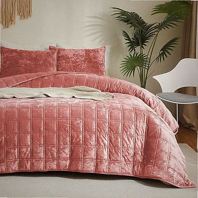 Luxury Velvet Quilt Set King Pink Checkered Oversized Bedspread 2 Shams