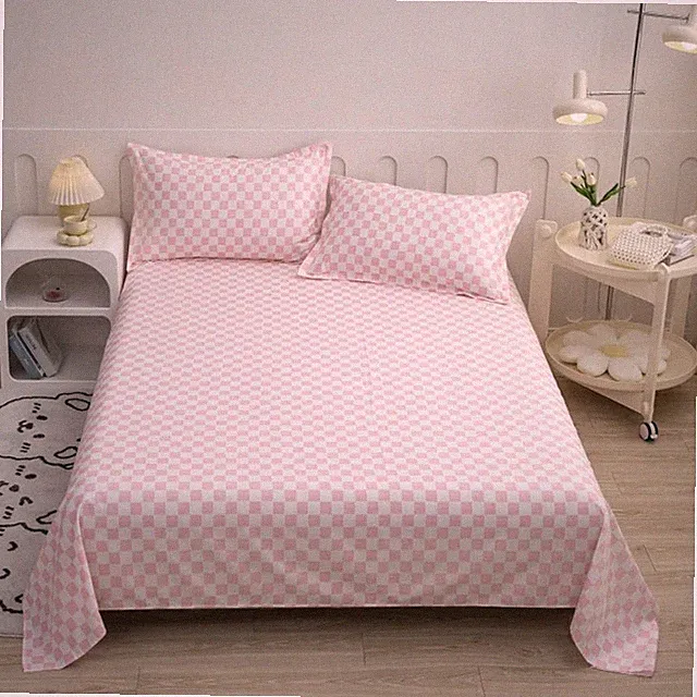 Modern Pink & White Plaid Queen Bed Sheet Set with 2 Pillowcases - 4 PCS