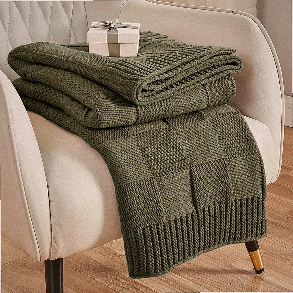 Olive Green Checkered Knit Throw Blanket - Cozy 60"x80" for Couch & Bed