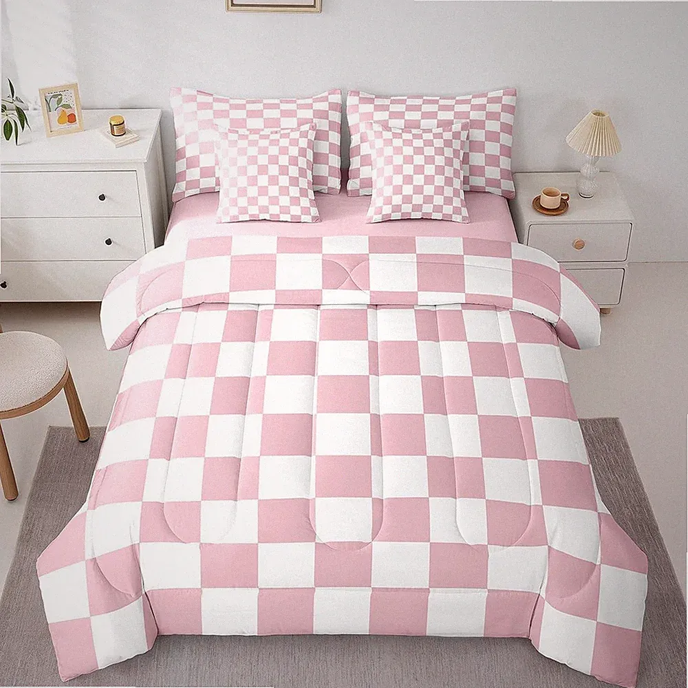 Pink Plaid 7 Piece Full Bedding Set - Cute Retro Checkerboard Decor