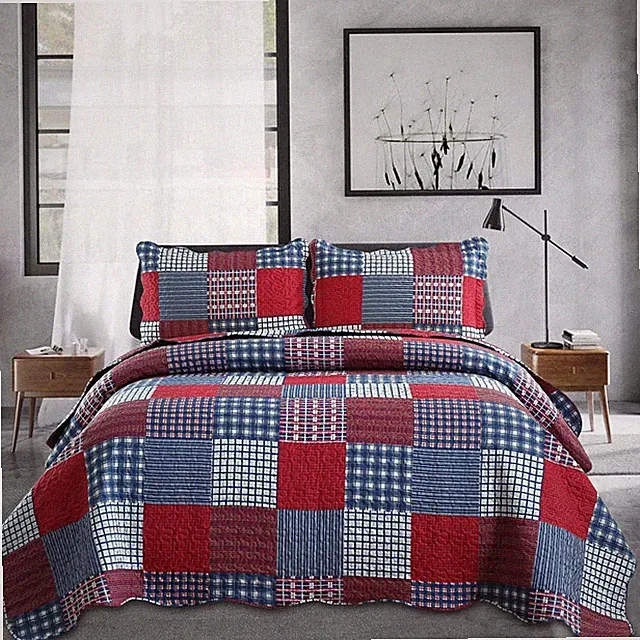 Plaid Quilt Set Queen Bedspreads Coverlet Set Red Blue White Patchwork Queen Siz