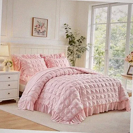 Plaid Seersucker Comforter Set with Ruffled Fringe Size, 3 Twin Blush Pink
