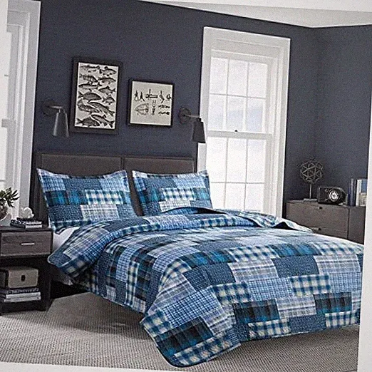 Quilt Set Queen Size Bedspread Coverlet Blue Plaid Full/Queen Blue Black Plaid