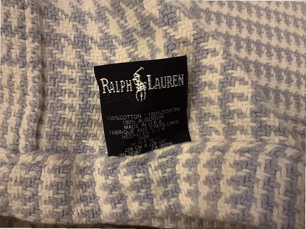 Ralph Lauren Blue Houndstooth Plaid Cotton Queen Blanket 90" x 90"