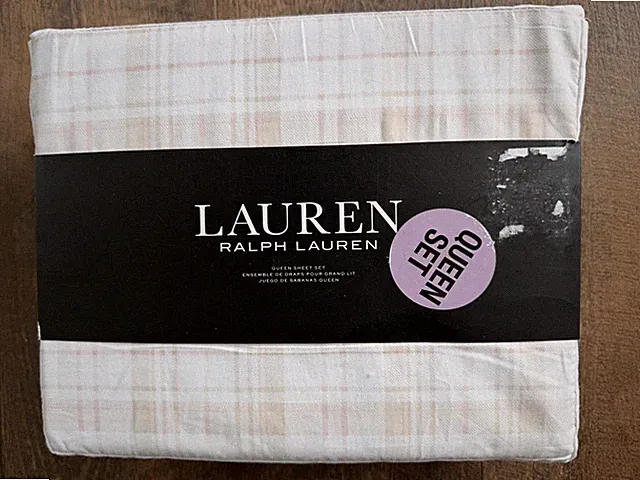 Ralph Lauren Queen Sheet Set – Plaid Pink/Tan/Cream – 100% Cotton – Extra Deep