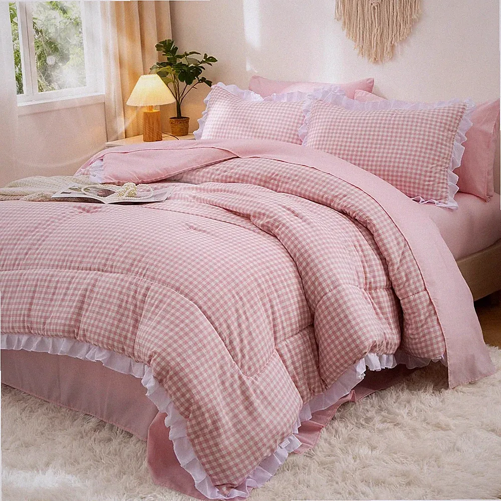Rustic Pink Ruffle Comforter Set - 5 Piece Chic Bedding for Queen Bed