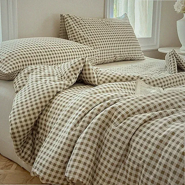 Tan Gingham Cotton Comforter Set King, 100% Washed Cotton Taupe Plaid Checked Co