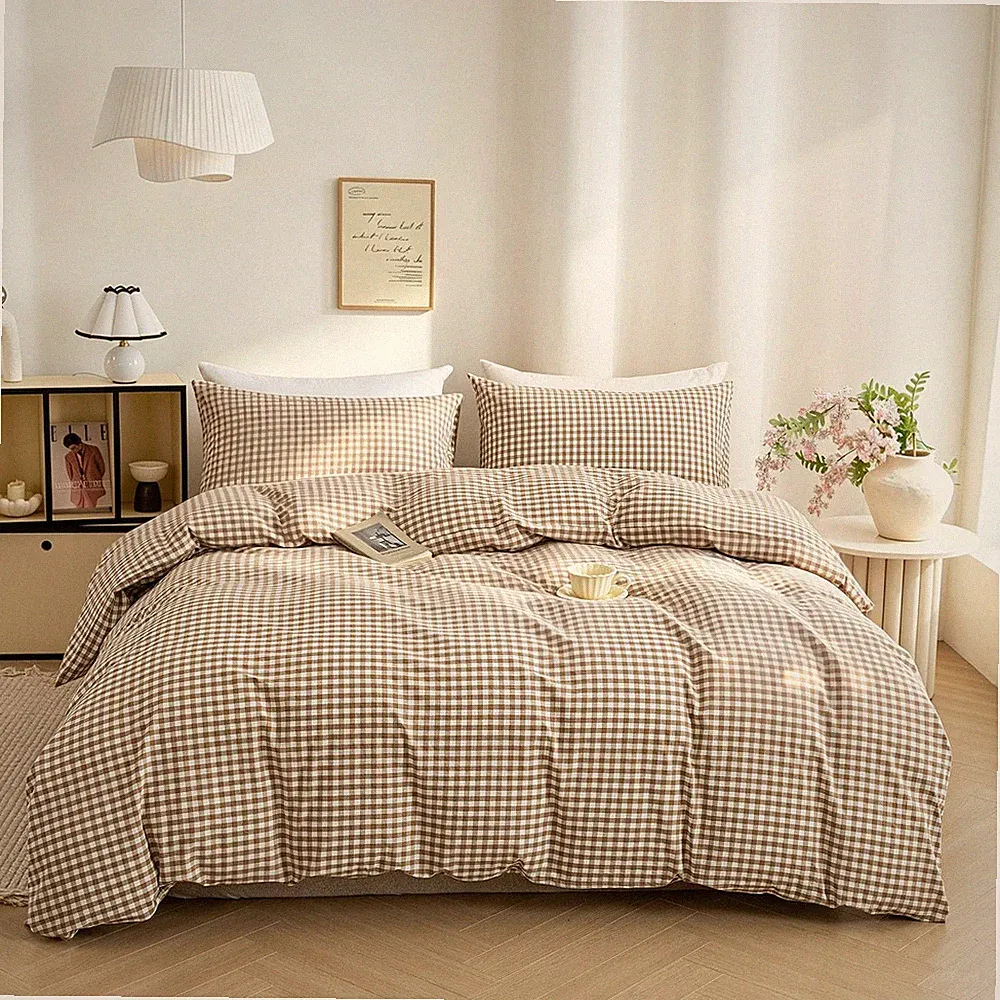 Tan Gingham Duvet Cover Queen 100% Washed Cotton Brown Plaid Checked Duvet Cover