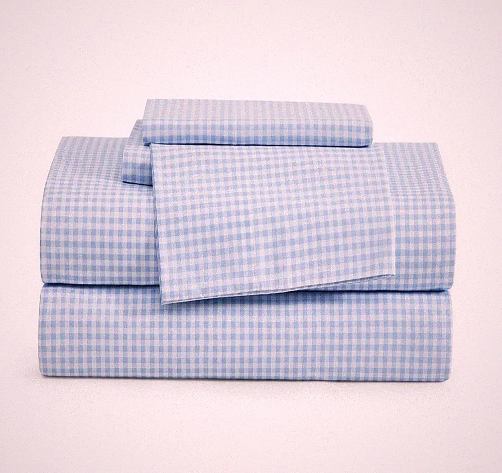 TOMMY HILFIGER 4pc Gardena Check FULL Sheet Set White Boathouse Blue 100% Cotton