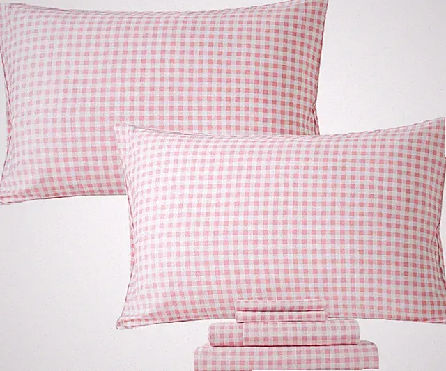 Ultra Soft Pink Plaid Cotton Sheets Set - Full Size with 2 Pillowcases