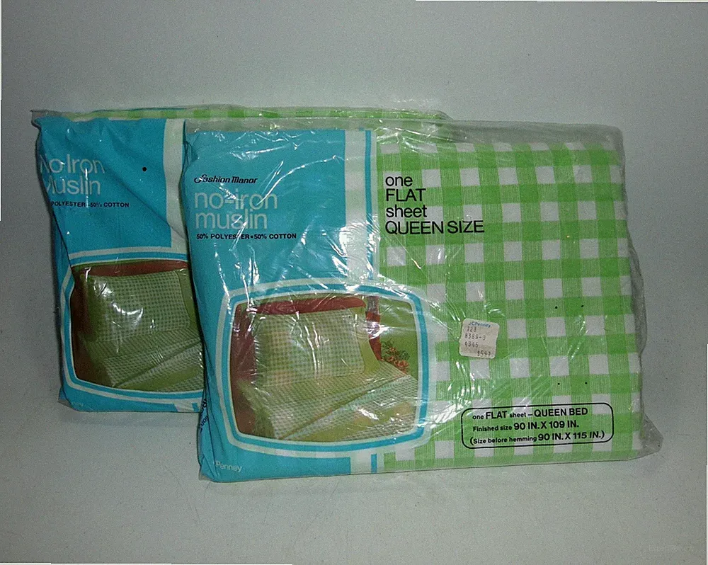 Vintage Fashion Manor No‑Iron Muslin Queen Sheet Set Green Gingham – NOS – New