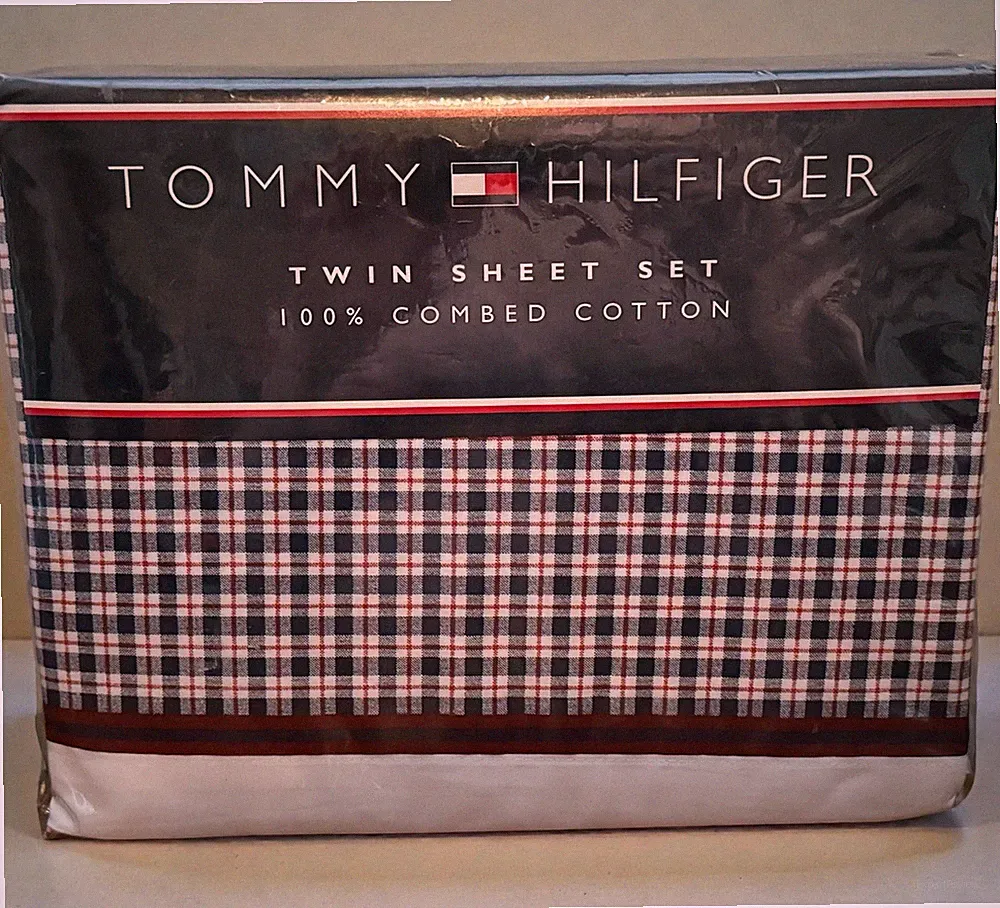 VTG Tommy Hilfiger Red, White & Blue Checkered Plaid Twin Size 3 Pc Sheet Set
